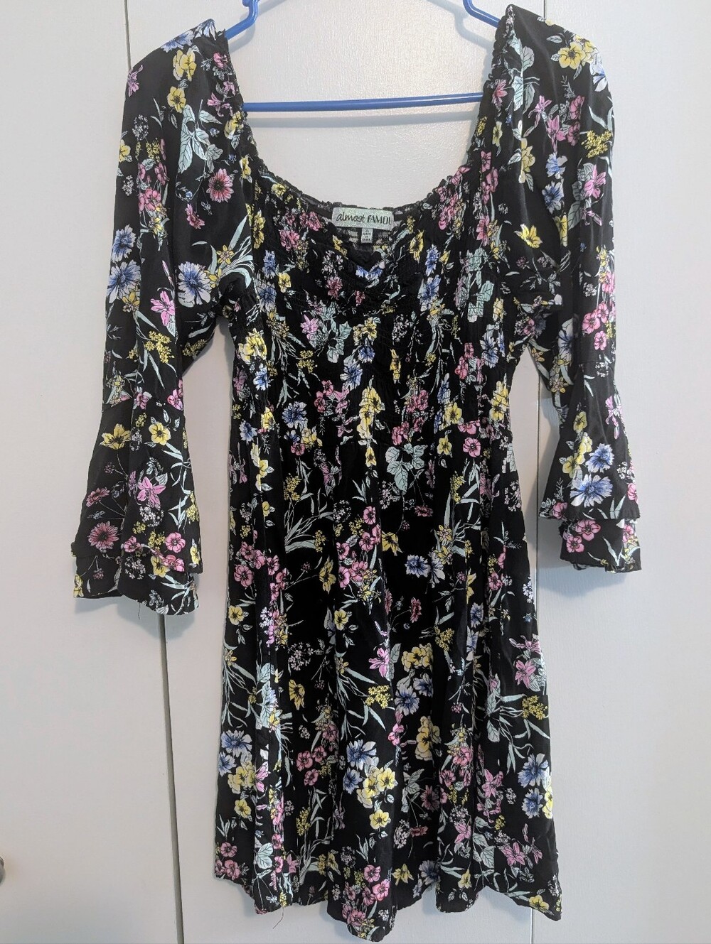 Almost Famous Black Floral Smocked Long Sleeve Mini Dress Sweetheart Neckline